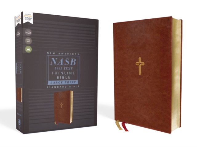 Book cover of NASB, Thinline Bible, Large Print, Leathersoft, Brown, Red Letter, 1995 Text, Comfort Print