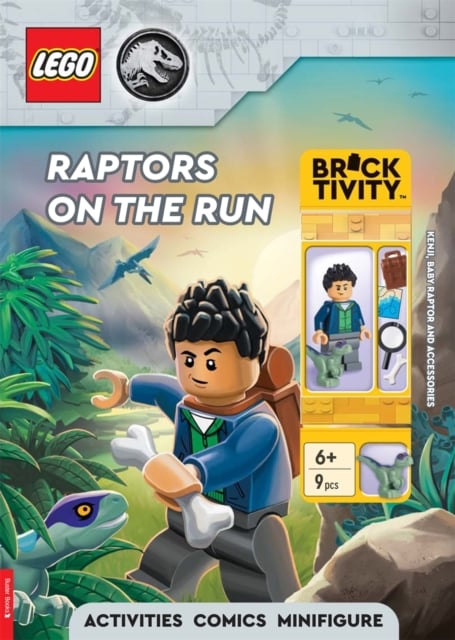 Book cover of LEGO® Jurassic World™: Raptors on the Run Activity Book (with Kenji minifigure, baby raptor and accessories)